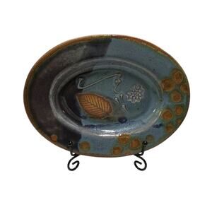 Studio Art Pottery Small Oval Glossy Blue Purple Leaf Plate Signed HP Vintage